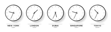 Dünya saatleri. Düz stil basit saati simgeler. New York, Londra, Dubai, Singapur, Tokyo. Beyaz arka planda siyah izle. Sen sunu için iş illüstrasyon. Vektör tasarım nesneleri