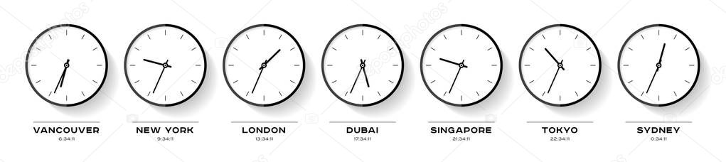 World time. Simple Clock icons in flat style. Vancouver, New York, London, Dubai, Singapore, Tokyo, Sydney. Black Watch on white background. Business illustration for you presentation. Vector design