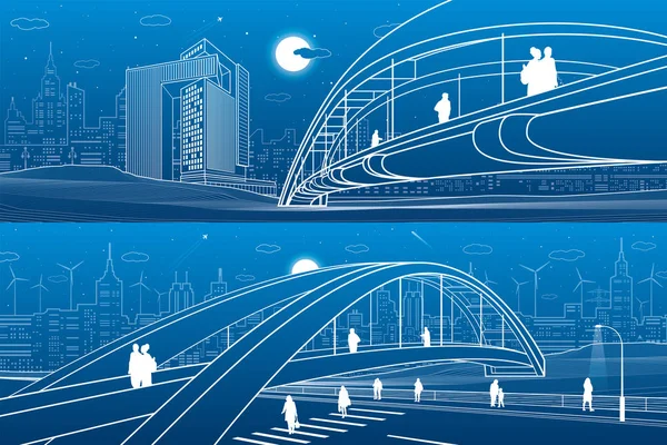 歩道橋を歩く人 都市のスカイライン モダンな夜の町 インフライラストセット アーバンシーン 青い背景に白い線 ベクトルデザインアート — ストックベクタ