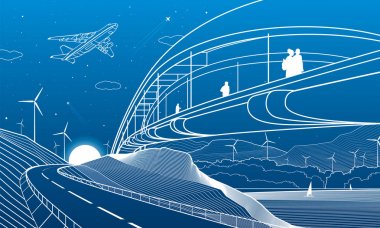 Şehir altyapısı endüstriyel ve peyzaj illüstrasyon. İnsanlar nehir köprüsünden geçiyor. Dağlarda otomobil yolu. Mavi arka planda beyaz çizgiler. Vektör tasarım anahat sanat
