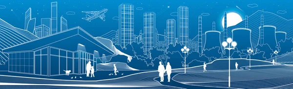 アウトライン産業と都市図パノラマ 夕方の街の街のシーン 庭を歩く人々ナイトショップ山の発電所青い背景に白い線 ベクトルデザインアート — ストックベクタ