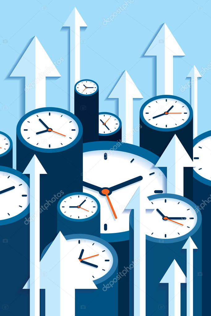 Time up. Fast decision. 3d Clock icons in flat style, arrows and timers on blue background. Time management. More watch and pointers. Business vector illustration for you presentation