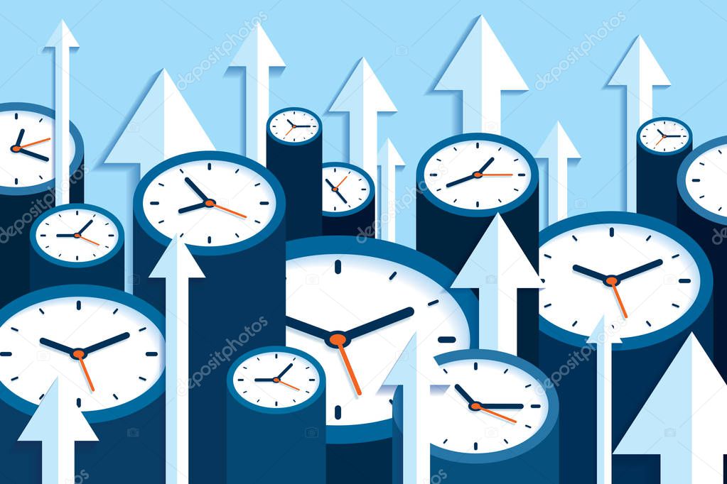 Time up. Fast decision. 3d Clock icons in flat style, arrows and timers on blue background. Time management. More watch and pointers. Business vector illustration for you presentation