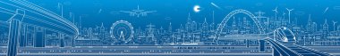 Şehir panoraması. Modern şehir silueti tasviri. Köprüde tren yolculuğu. Aydınlatma otoyolu. Araba üst geçidi. Kasaba altyapısı. Mavi arka planda beyaz çizgiler. Vektör tasarım sanatı