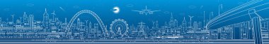 Şehir panoraması. Modern şehir silueti tasviri. Aydınlatma karayolu köprüsü. Üstgeçit. Dönme dolap. Kasaba altyapısı. Mavi arka planda beyaz çizgiler. Vektör tasarım sanatı