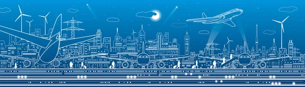 Penerbangan Panorama Ilustrasi Infrastruktur Kota Penumpang Naik Pesawat Kontur Gambar - Stok Vektor