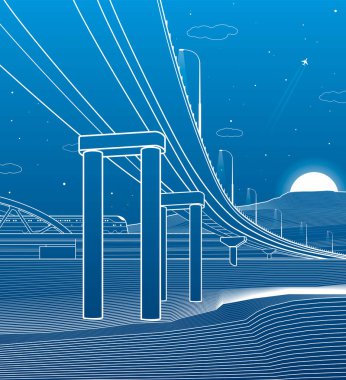 Ana yol köprüsü. Araba üst geçidi. Tren yolculukları. Altyapı çizimi. Vektör tasarım sanatı. Mavi arkaplanda beyaz çizgiler.