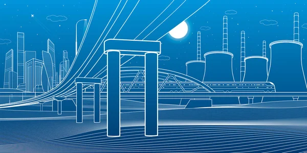 Redogör För Vägbron Bilöverfart Tågturer Stadsinfrastruktur Och Transport Illustration Stadsscenen — Stock vektor