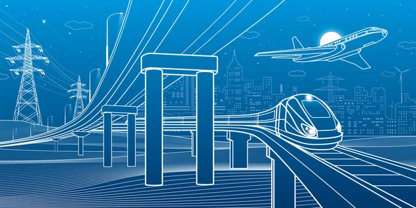 概要道路橋 車の陸橋 電車に乗る 飛行機が飛ぶ 都市インフラと交通イラスト 都会の風景 ベクトルデザインアート 青い背景の白い線 — ストックベクタ