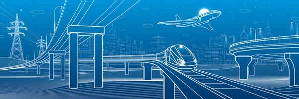 Esboza Puente Carretera Paso Elevado Del Coche Paseos Tren Avión — Vector de stock