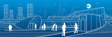 Şehir hayatı illüstrasyon panoraması. Akşam şehir manzarası. Yürüyen insanlar. Tren yolculukları. Modern mimari. Mavi arka planda beyaz çizgiler. Vektör tasarım sanatı