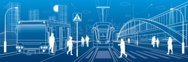 Şehir manzarası, insanlar sokakta yürüyor, yolcular otobüsü ve tramvayı terk ediyor, gece kenti, aydınlık otoyol, arka planda geçiş köprüsü. Ana hatlı vektör altyapısı çizimi