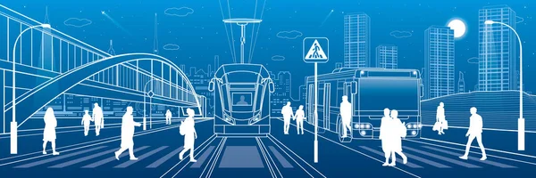 Şehir Manzarası Insanlar Sokakta Yürüyor Yolcular Otobüsü Tramvayı Terk Ediyor — Stok Vektör