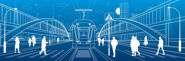 Міська Сцена Люди Йдуть Вулиці Пасажири Залишають Трамвай Нічне Місто — стоковий вектор