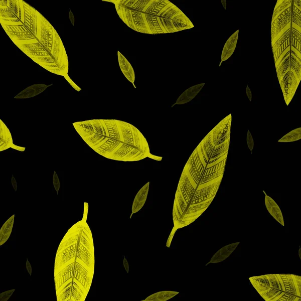 Indische Gelbe Blätter Muster Auf Schwarzem Hintergrund — Stockfoto