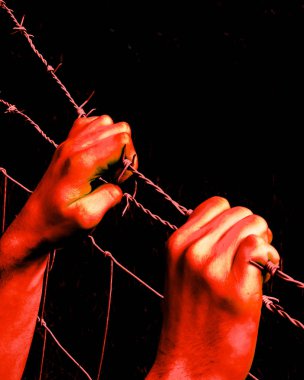 Artistic bloody hands grasping desperately barbed wire clipart