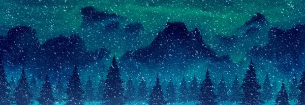 Berge Und Kiefern Schneefall Illustrierten Winterlandschaft — Stockfoto