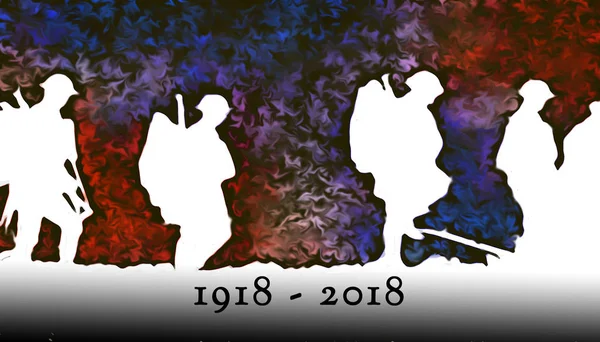Outline Wwi Soldiers Walking Colourful Blasts Night 100Th Anniversary — Stock Photo, Image