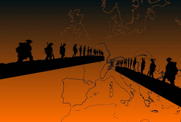Illustration of soldiers silhouettes with weapons on background of orange European world map