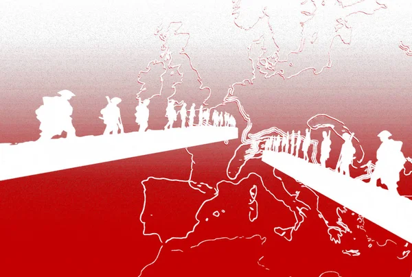 Turuncu Avrupa Dünya Haritası Arka Planda Silah Ile Askerler Siluetleri — Stok fotoğraf