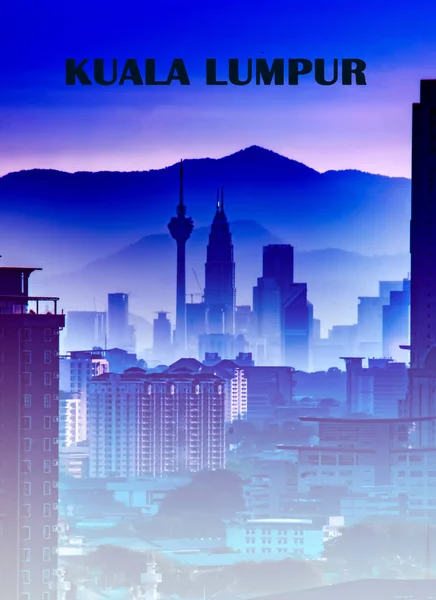 Leuchtend Blaue Karte Mit Kuala Lumpur Stadt Und Modernen Gebäuden — Stockfoto