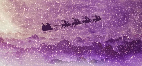 Santa Deer Flyong Sleigh Snowfall Illustrated Winter Landscape — Stock Photo, Image