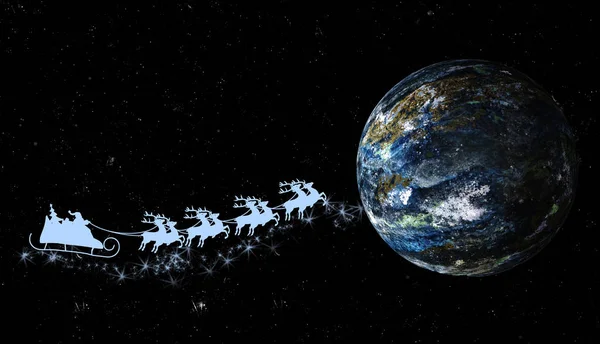 Noel Baba dünya üzerinde ren geyiği ile kızak üzerinde (3d çizim)