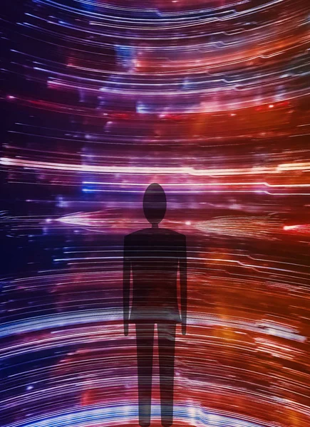 Silhouette of person projected on bright trails of light in cyberspace