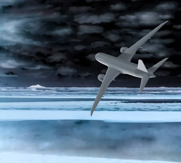 Samolot komercyjny latający nad lodowate polarne na białym tle krajobrazu — Zdjęcie stockowe