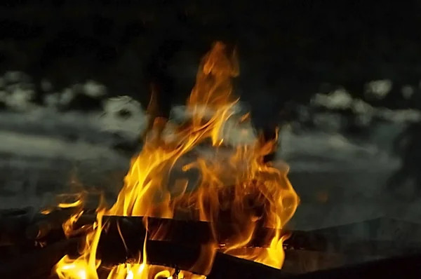 Flammes brûlant du bois dans la nuit sur vert — Photo