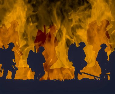 Outline of WWI soldiers walking over colourful flames clipart