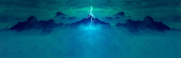 ภาพวาดดิจิตอลของภูเขาแฟนตาซีในพายุกับ lightni — ภาพถ่ายสต็อก