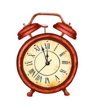 Picture of a vintage red alarm clock hand drawn in watercolor isolated on a white background clipart