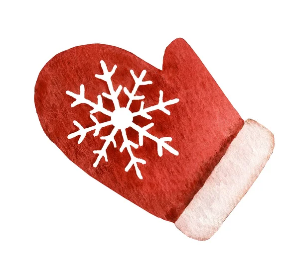 Red Mitten White Snowflake Hand Drawn Watercolor Isolated White Background — Stock Photo, Image