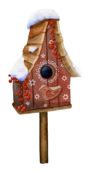 Obraz Pokryty Śniegiem Kreskówka Dłoni Birdhouse Rysowane Akwarela Białym Tle — Zdjęcie stockowe