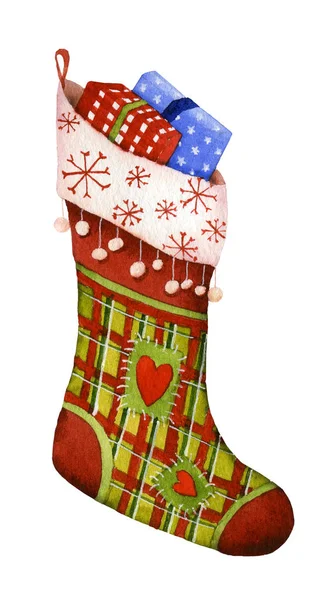 在白色背景上查出的彩色水彩画的彩色圣诞长袜 袜子形状的袋子 的图片 — 图库照片
