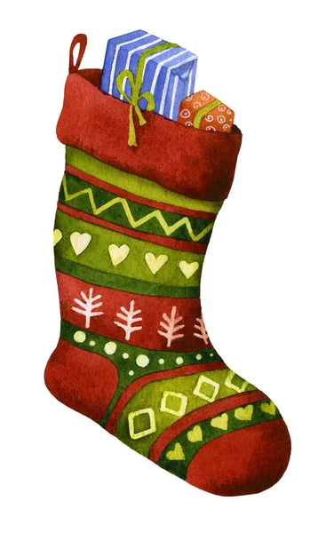 在白色背景上查出的彩色水彩画的彩色圣诞长袜 袜子形状的袋子 的图片 — 图库照片