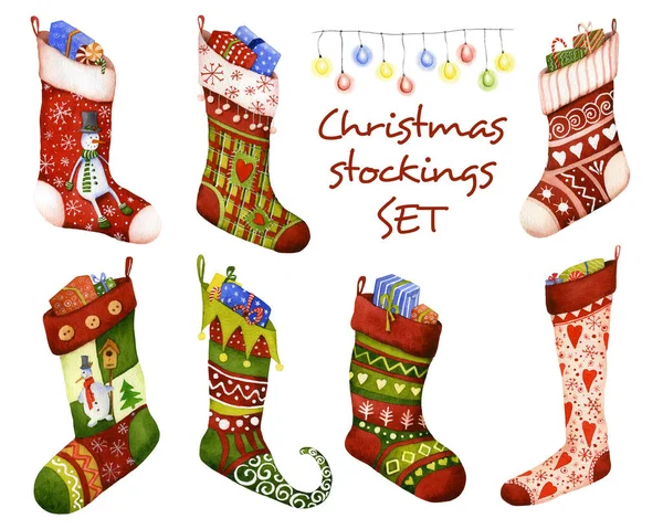 Set Colorful Christmas Stockings Socks Shaped Bag Hand Drawn Watercolor — Stock Photo, Image