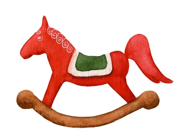 Decorative Red Rocking Horse Hand Drawn Watercolor Isolated White Background — Stock Photo, Image