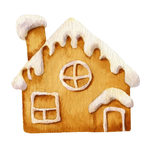 Picture Gingerbread House Sugar Icing Hand Drawn Watercolor Isolated White — Stock Photo, Image
