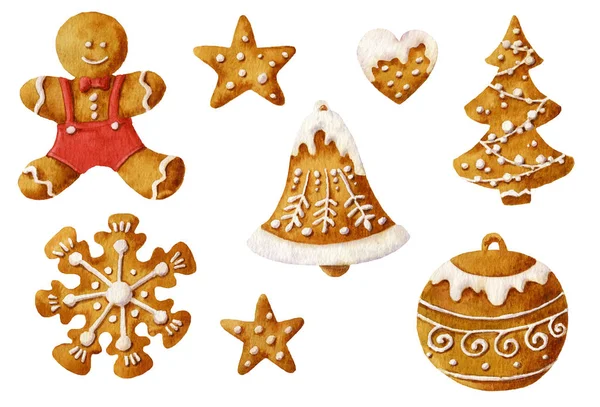 Beyaz bir arka plan üzerinde izole suluboya çizilmiş el krema şeker ile gingerbread çerezleri kümesi.