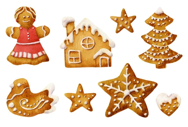 Beyaz bir arka plan üzerinde izole suluboya çizilmiş el krema şeker ile gingerbread çerezleri kümesi.