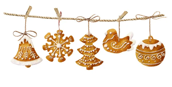 Christmas Gingerbread Figures Hanging Rope Hand Drawn Watercolor Isolated White — Stock Photo, Image