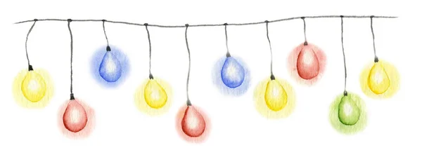 Ghirlanda Luminosa Multicolore Disegnata Mano Acquerello Isolato Fondo Bianco — Foto Stock