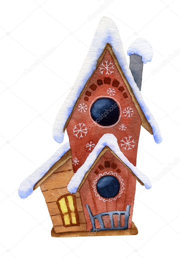Picture of a cute snow-covered cartoon birdhouse hand drawn in watercolor isolated on a white background