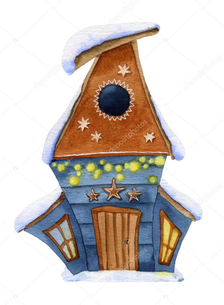 Picture of a cute snow-covered cartoon birdhouse hand drawn in watercolor isolated on a white background
