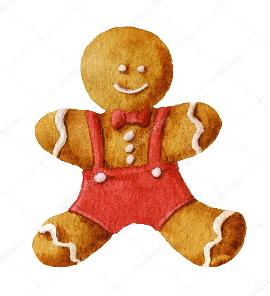 Picture of a gingerbread man with sugar icing hand drawn in watercolor isolated on a white background.