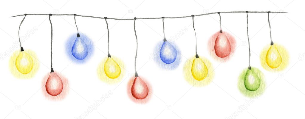 Multicolored luminous garland hand drawn in watercolor isolated on a white background.