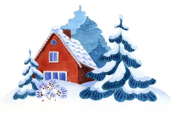 Εικόνα Του Ένα Εξοχικό Σπίτι Χειμώνα Χέρι Χιονισμένα Δέντρα Ακουαρέλα — Φωτογραφία Αρχείου