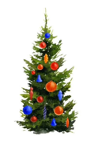 Εικόνα Από Ένα Στολισμένο Χριστουγεννιάτικο Δέντρο Χέρι Ακουαρέλα Που Απομονώνονται — Φωτογραφία Αρχείου